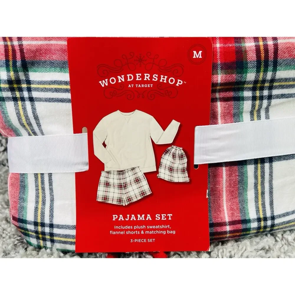 Wondershop Womens Plaid Pajama Set Three Piece Sleepwear M Shorts Sweatshirt